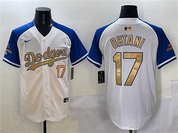 Mens Los Angeles Dodgers #17 Shohei Ohtani White Royal Gold 2024 World Series Champions Vapor Limited Stitched Jersey